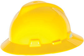 MSA Yellow V-Gard® Polyethylene Full Brim Hard Hat With Ratchet/4 Point Ratchet Suspension