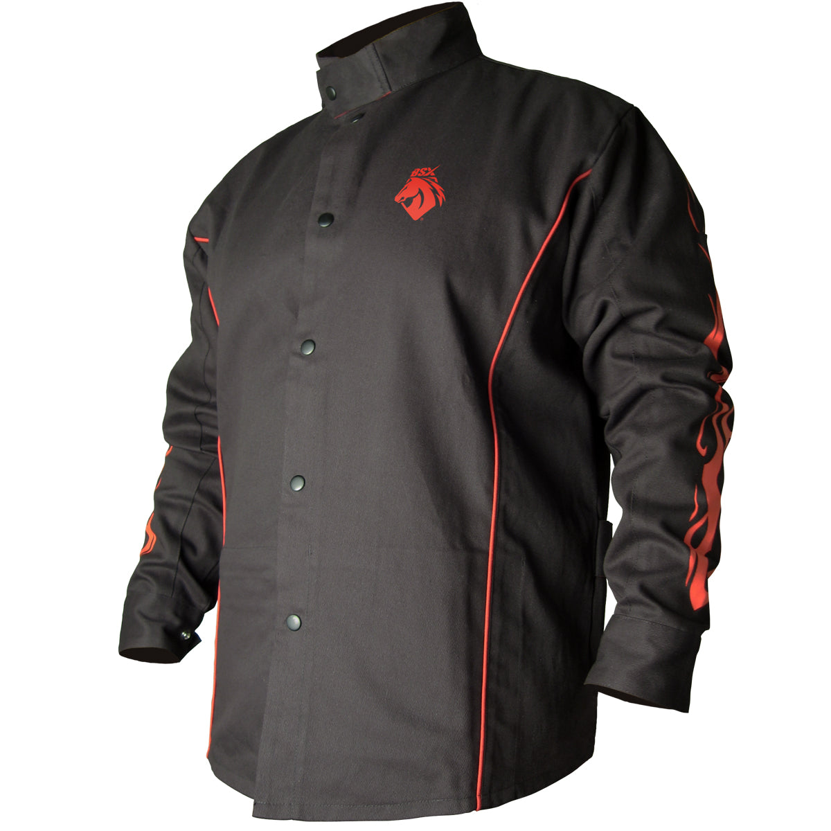 Black Stallion BSX® Contoured FR Cotton Welding Jacket, Black with Red Flames - BX9C