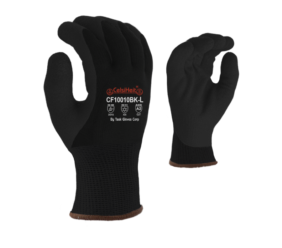 Black Heavy Thermal Shell, Double Layer Acrylic Insulation, Black Crinkle Latex Palm Coated Gloves with PVC Waterproof Barrier