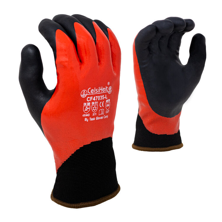 Double Dipped, Fully coated Nitrile, Black Foam Nitrile palm coated, 13 gauge HDPE shell, 7 gauge Terry lined, ANSI A4