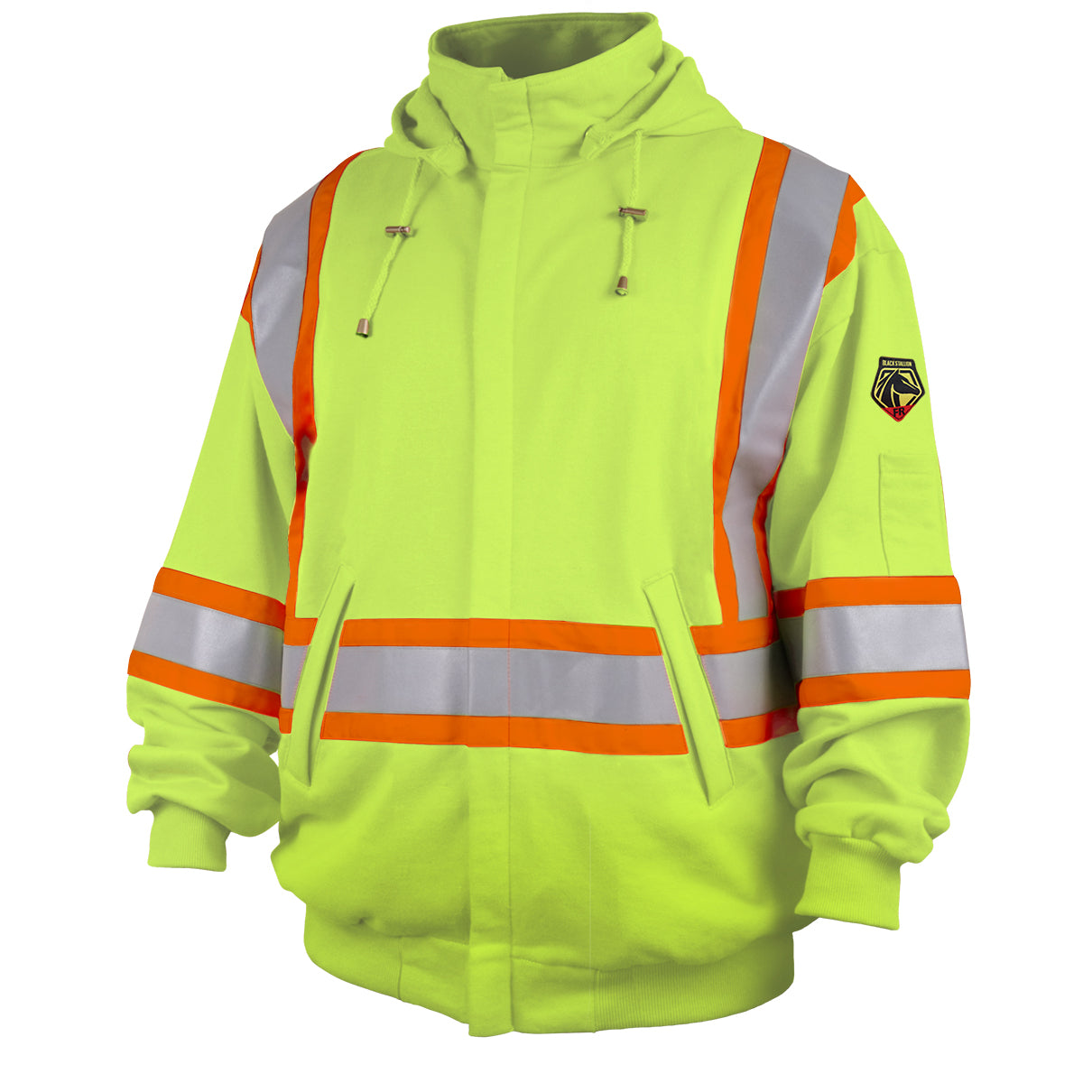 Black Stallion Full-Zip FR Cotton Hooded Sweatshirt with 2" Reflective Tape, Lime Green - JF1332-LM