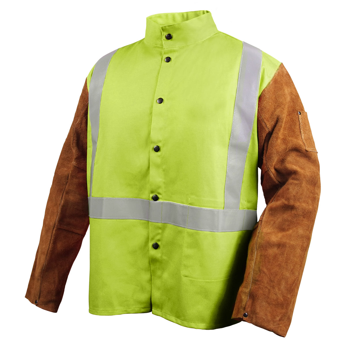 Black Stallion Safety FR Cotton & Cowhide Hybrid Welding Jacket, Safety Lime - JH1012-LM