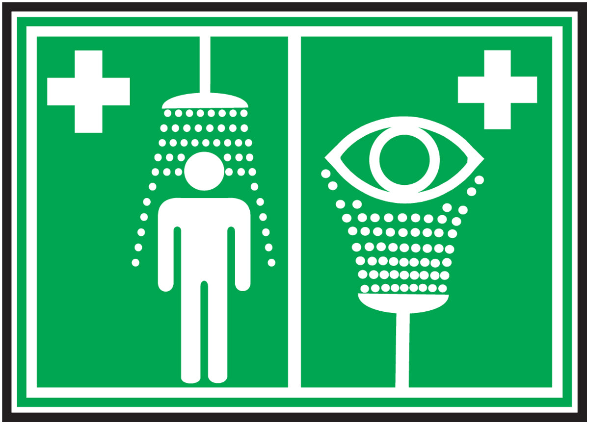 10" X 14" White And Green Adhesive Poly Safety Signs "EMERGENCY SHOWER AND EYE WASH (With Pictogram)"