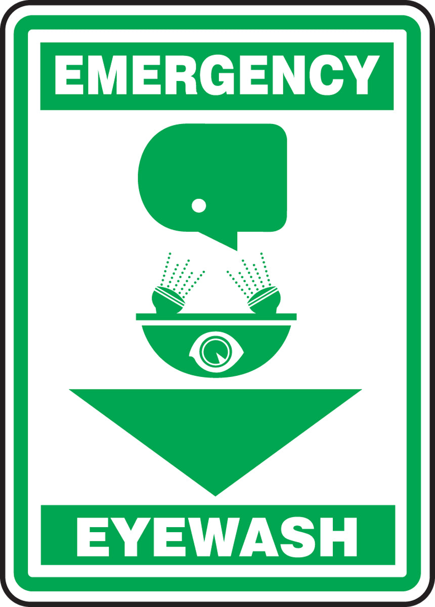 14" X 10" Green And White Plastic Safety Signs "EMERGENCY EYEWASH"