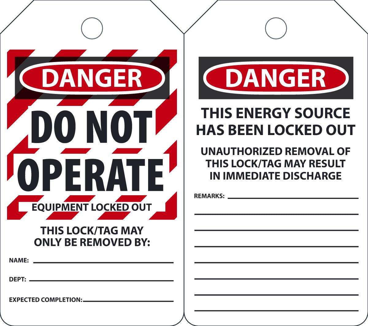 5 3/4" X 3 1/4" Red, Black And White 10 mil PF-Cardstock English Two Sided Lockout/Tagout Safety Tag "DANGER DO NOT OPERATE EQUIPMENT LOCKED OUT THIS LOCK/TAG MAY ONLY BE