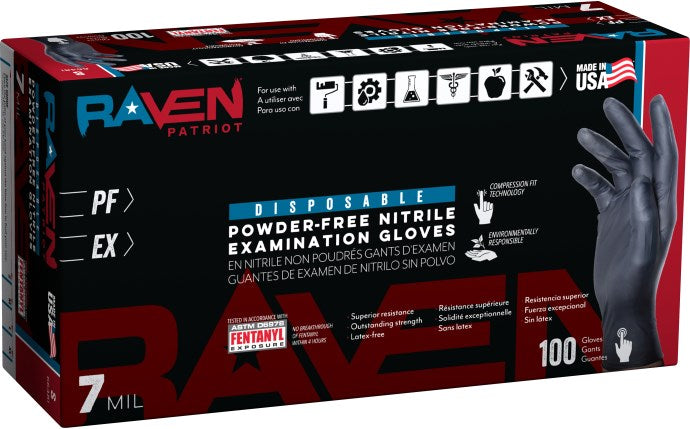 SAS Safety - Raven® Patriot Powder-Free Exam Grade Black Nitrile Disposable Gloves - 7 Mil - Made in the USA