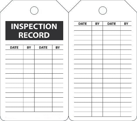 5 3/4" X 3 1/4" Black And White 10 mil PF-Cardstock English Equipment Status Tag "INSPECTION RECORD" With 3/8" Plain Hole