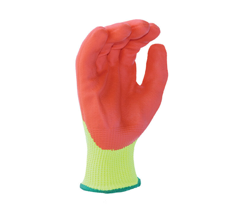 13 gauge Hi-Viz Yellow HDPE shell, Hi-Viz Orange Foam Nitrile Palm coated, ANSI A4