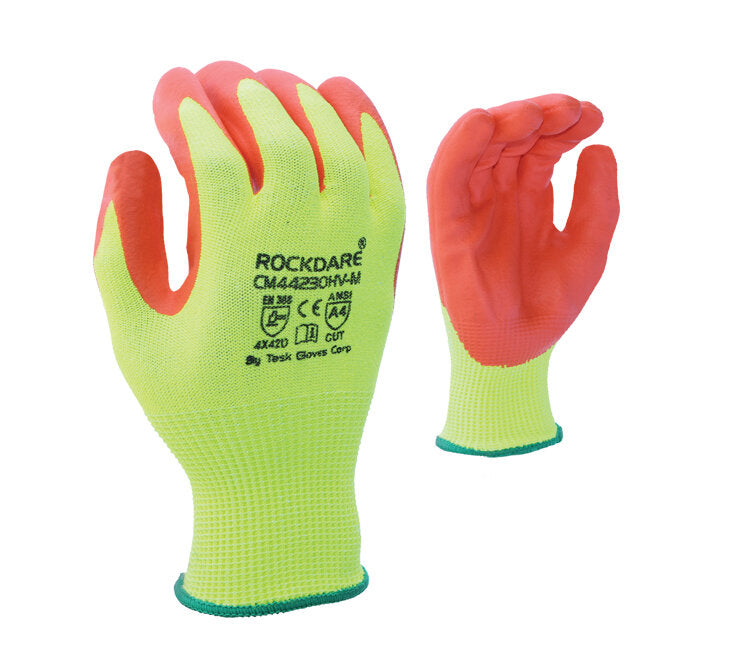 13 gauge Hi-Viz Yellow HDPE shell, Hi-Viz Orange Foam Nitrile Palm coated, ANSI A4-eSafety Supplies, Inc