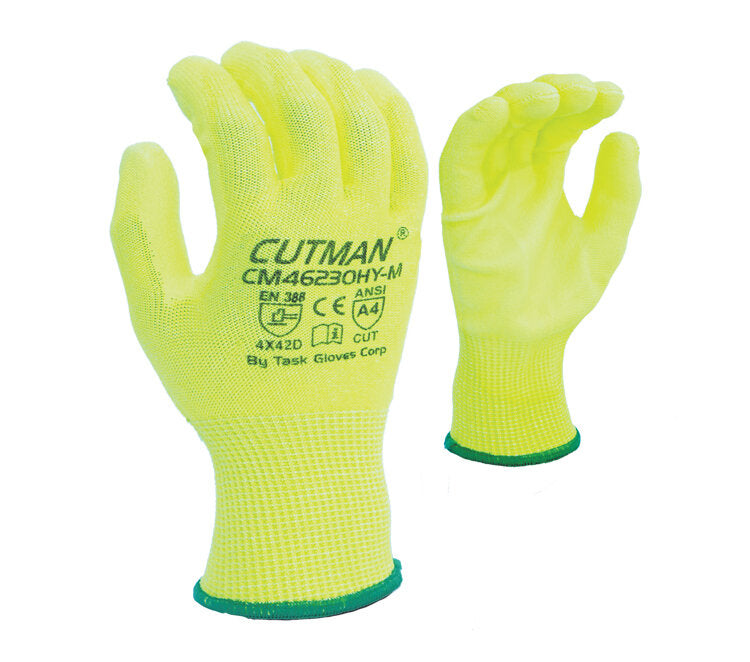 13 Gauge Hi-Vis Yellow HDPE shell, Polyurethane palm coated, ANSI A4-eSafety Supplies, Inc