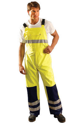 OccuNomix Large 48" Hi-Viz Yellow, Blue And Silver Premium PU Coated Polyester Breathable Rain Bib Pants With Side Snap Closure, 3M Scotchlite Reflective Stripe And Zip Roll-Away Hood-eSafety Supplies, Inc