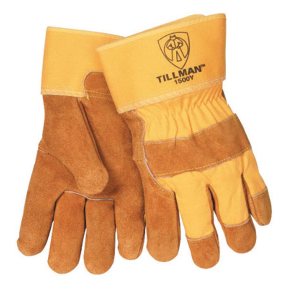 Tillman Large Bourbon Brown And Yellow Select Shoulder Split Cowhide Leather Palm Gloves With Canvas Back, Rubberized Safety Cuff And Knuckle Strap-eSafety Supplies, Inc