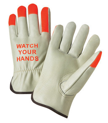 Radnor Small Select Grain Cowhide Unlined Drivers Gloves With Keystone Thumb, Shirred Elastic Cuff, Hi-Vis Orange Fingertips And "Watch Your Hands" Logo On Back-eSafety Supplies, Inc