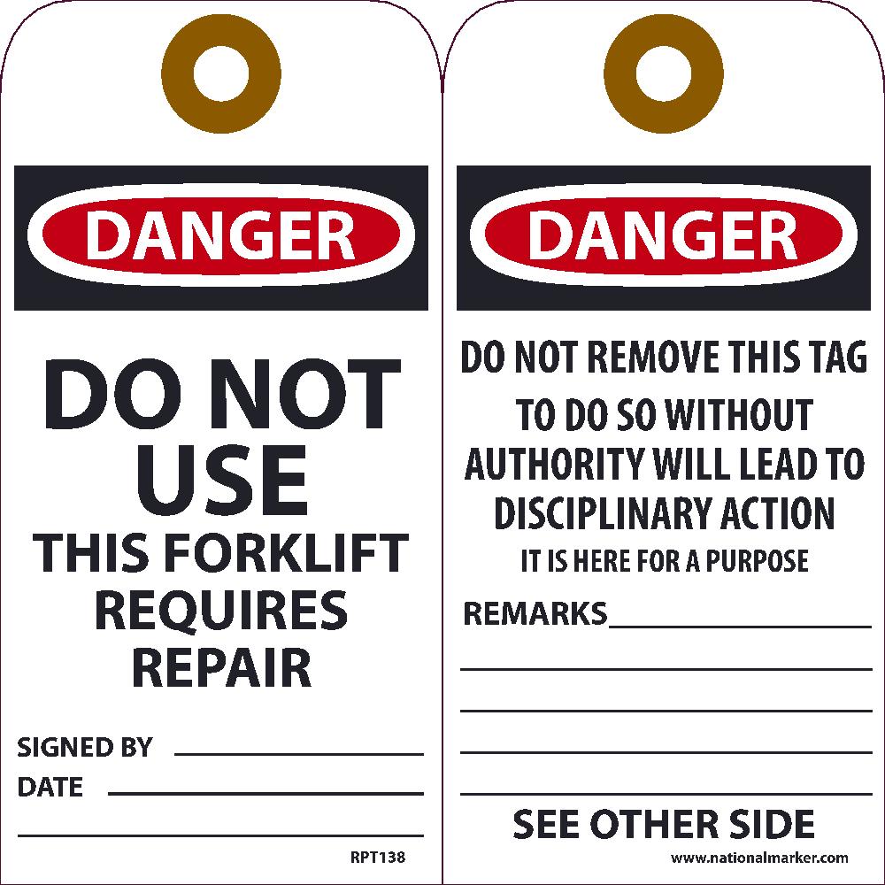 Danger Do Not Use This Forklift Requires Repair Tag - Pack of 25-eSafety Supplies, Inc