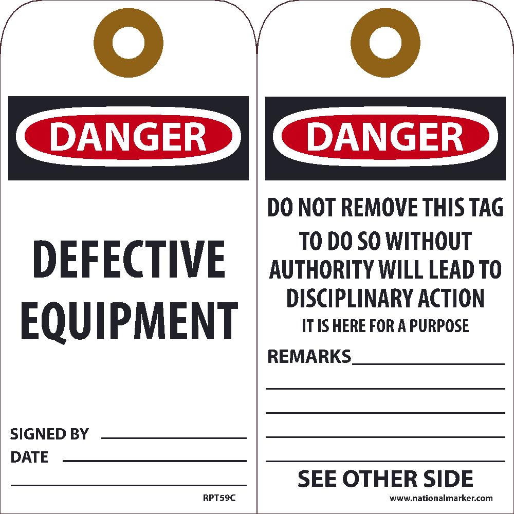 Tags, Danger Defective Equipment Tag, 25Pk, 6X3, .015 Unrippable Vinyl With Grommet, Zip Ties Included - RPT59CG-eSafety Supplies, Inc