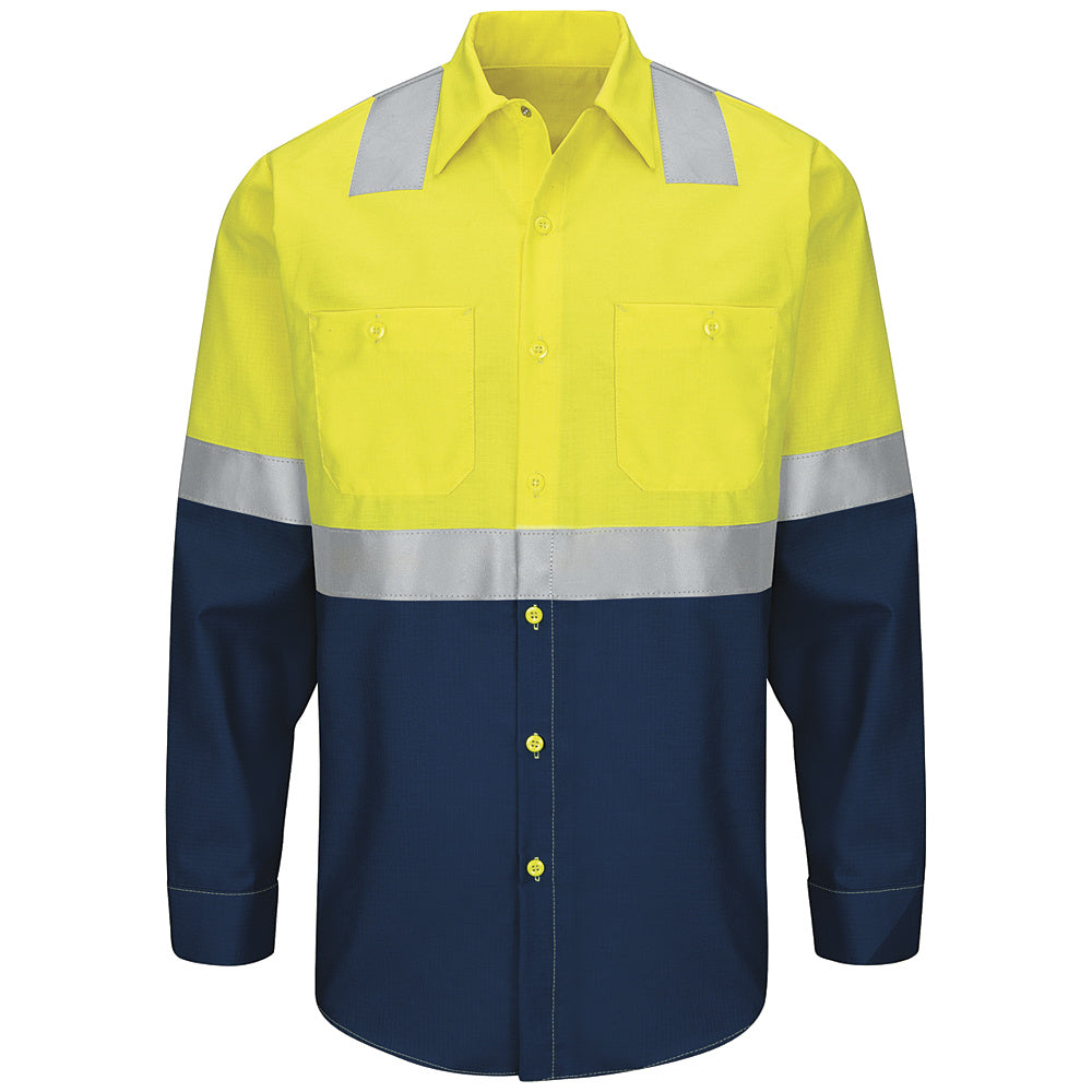 Red Kap Hi-Visibility Colorblock Ripstop Work Shirt - Type R, Class 2 SY14 - Fluorescent Yellow/Green and Navy-eSafety Supplies, Inc