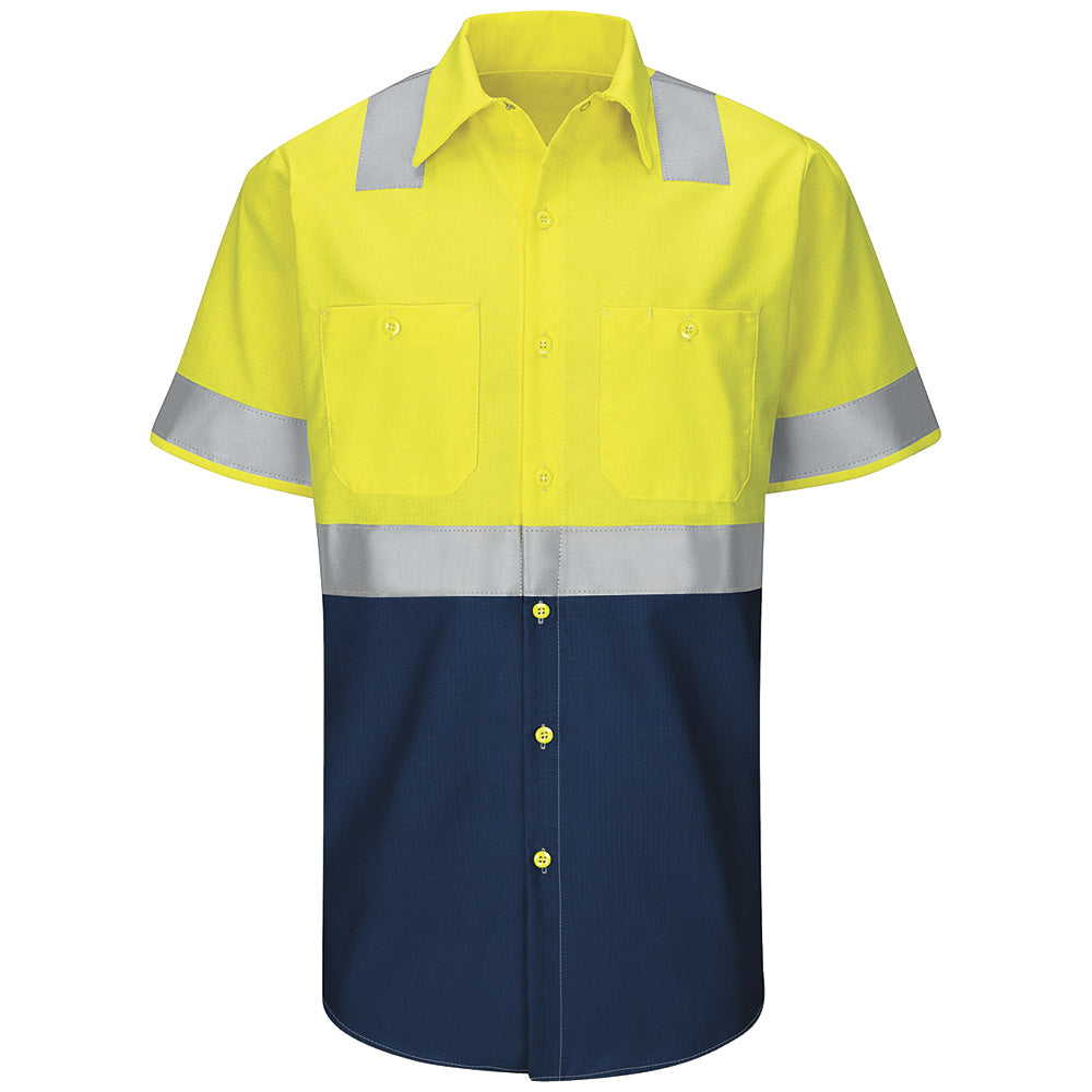 Red Kap Hi-Visibility Colorblock Ripstop Work Shirt - Type R, Class 2 SY24 - Fluorescent Yellow/Green and Navy-eSafety Supplies, Inc