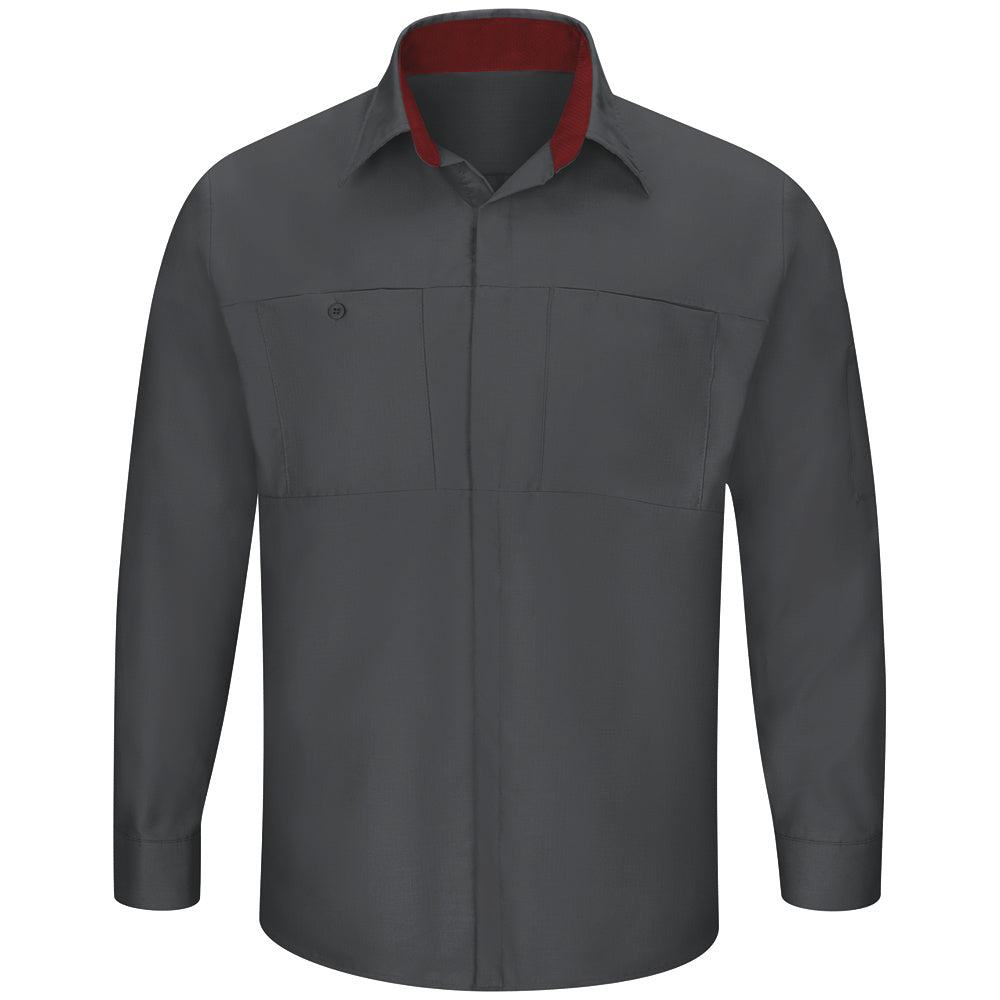 Red Kap Men's Performance Plus Shop Shirt with OIL BLOK Technology Long Sleeve SY32 - Charcoal with Fireball Red Mesh-eSafety Supplies, Inc