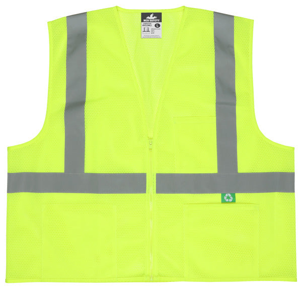 MCR Safety Recycled Mesh Vest,Lime,Class 2,Zip X3-eSafety Supplies, Inc