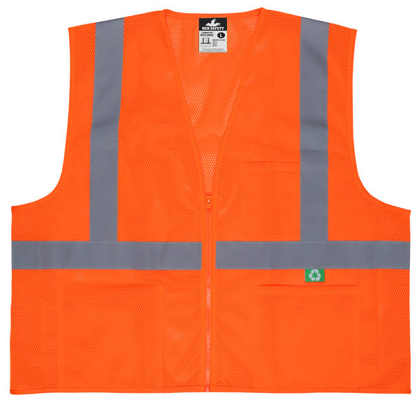 MCR Safety Recycled Mesh Vest,Orange,Class 2,Zip X2-eSafety Supplies, Inc